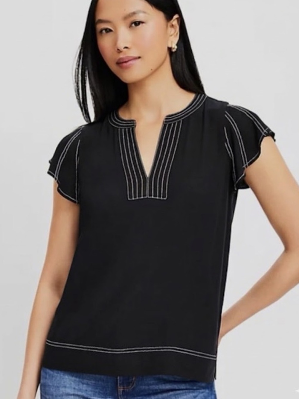 LOFT Black Flutter Sleeve Blouse with White Stitching - Large